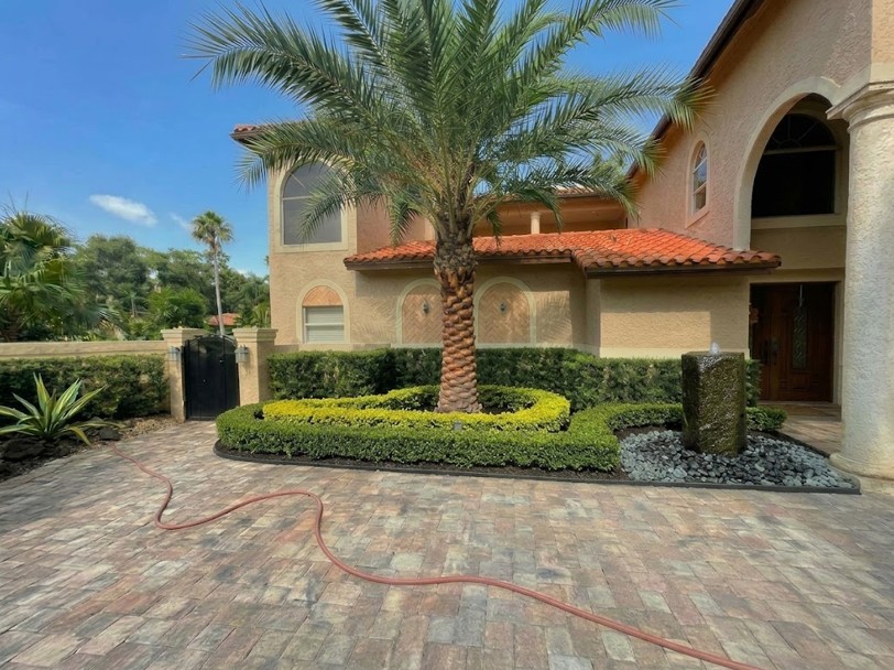 Redesigned front entry island with date palm, layered hedge rings and a water feature on a paver driveway